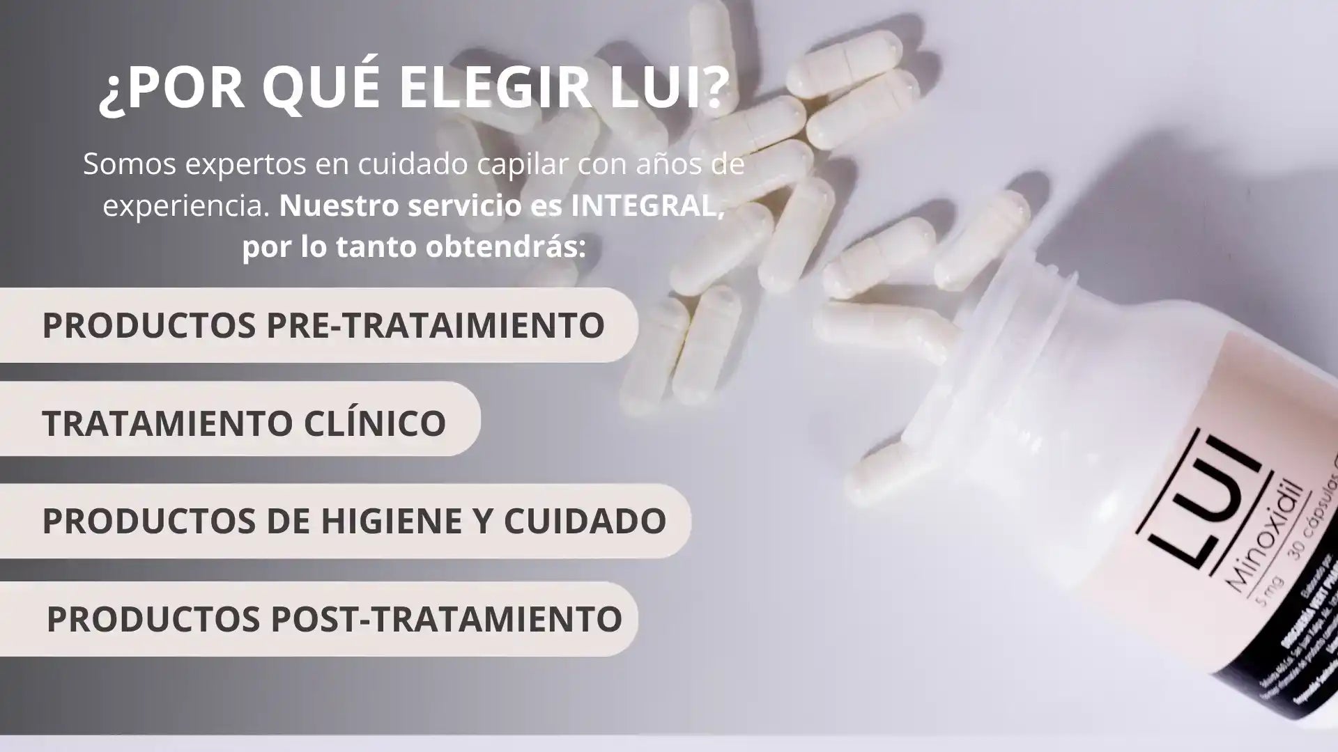 Una botella blanca de pastillas de Minoxidil con algunas pastillas derramadas.