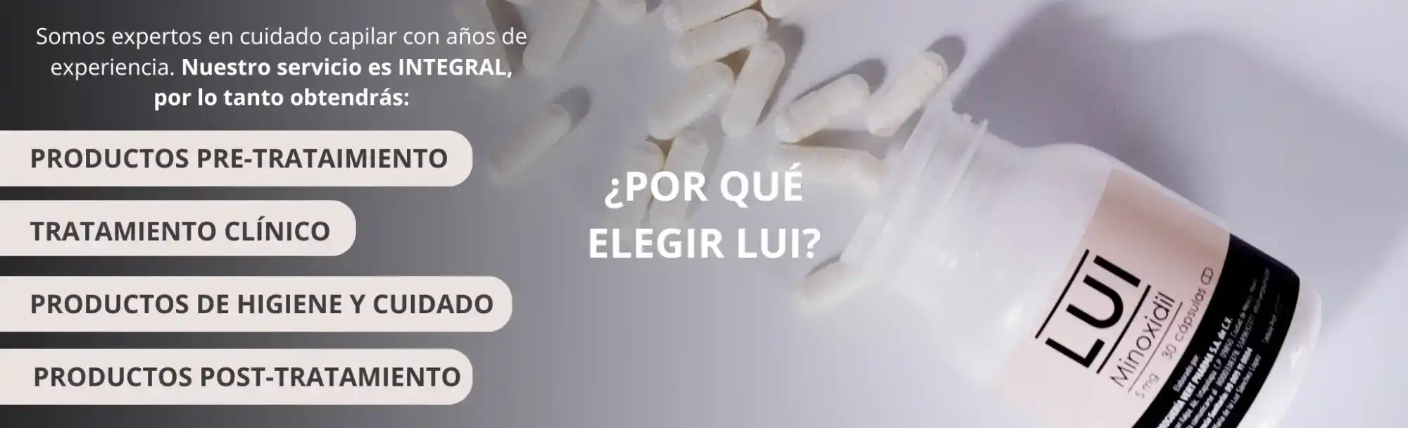 Una botella blanca de Minoxidil con pastillas blancas sueltas.