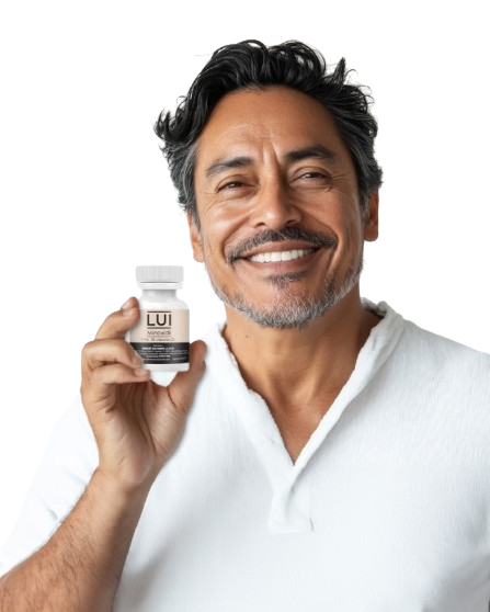 Hombre sonriente con un frasco de LUI